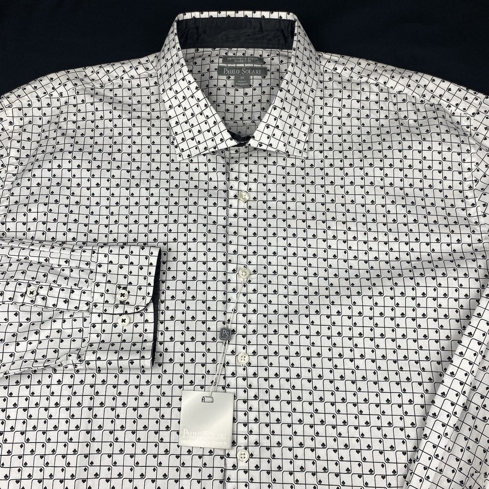 PAULO SOLARI Dress Shirt Mens 3XL White w/ Playing Card Graphics Modern Fit NWT!